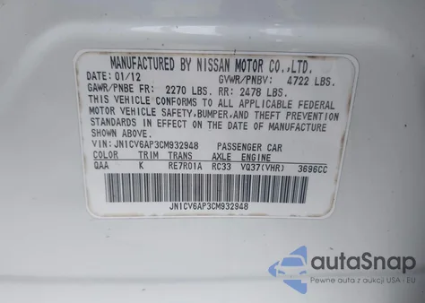 2012 Infiniti G37 Journey z USA, uszkodzony, nr VIN JN1CV6AP3CM932948